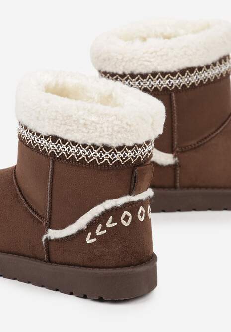 Ciemnobrązowe Śniegowce o Wsuwanym Fasonie z Haftem i Futrem przy Cholewce Mevinadia