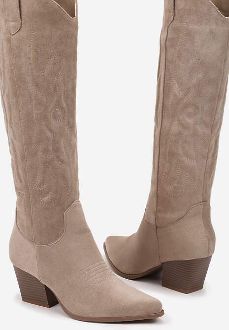 Ciemnobeżowe Kowbojki Kozaki na Stożkowym Słupku z Ekozamszu Iriada