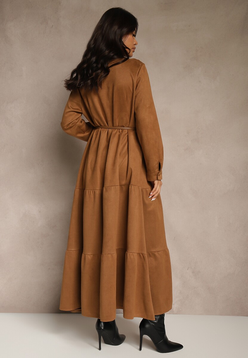 Brązowa Sukienka Koszulowa z Wiskozy Ozdobiona Paskiem Retelsa