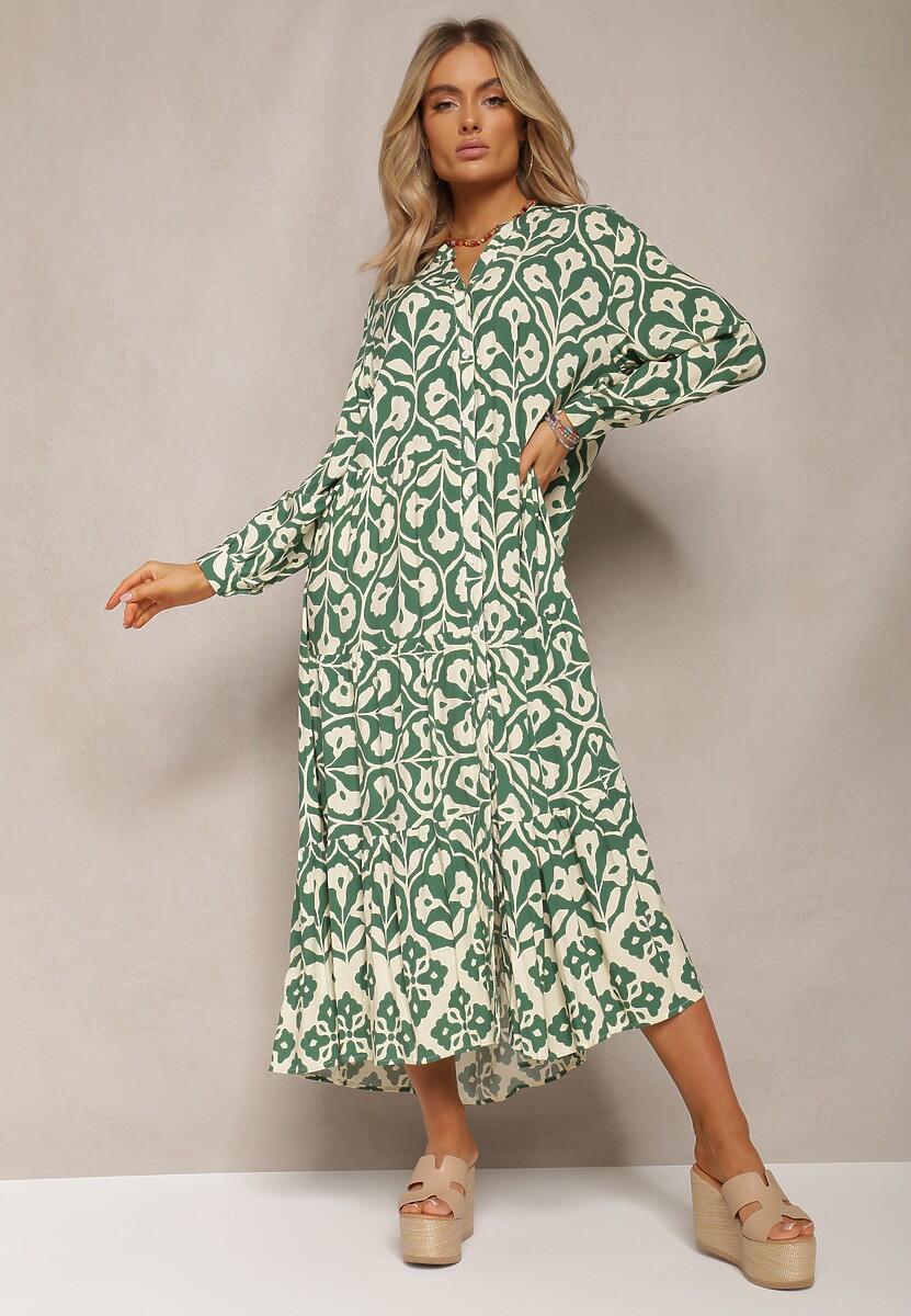Zielona Koszulowa Sukienka Ozdobiona Ornamentalnym Printem Crypta