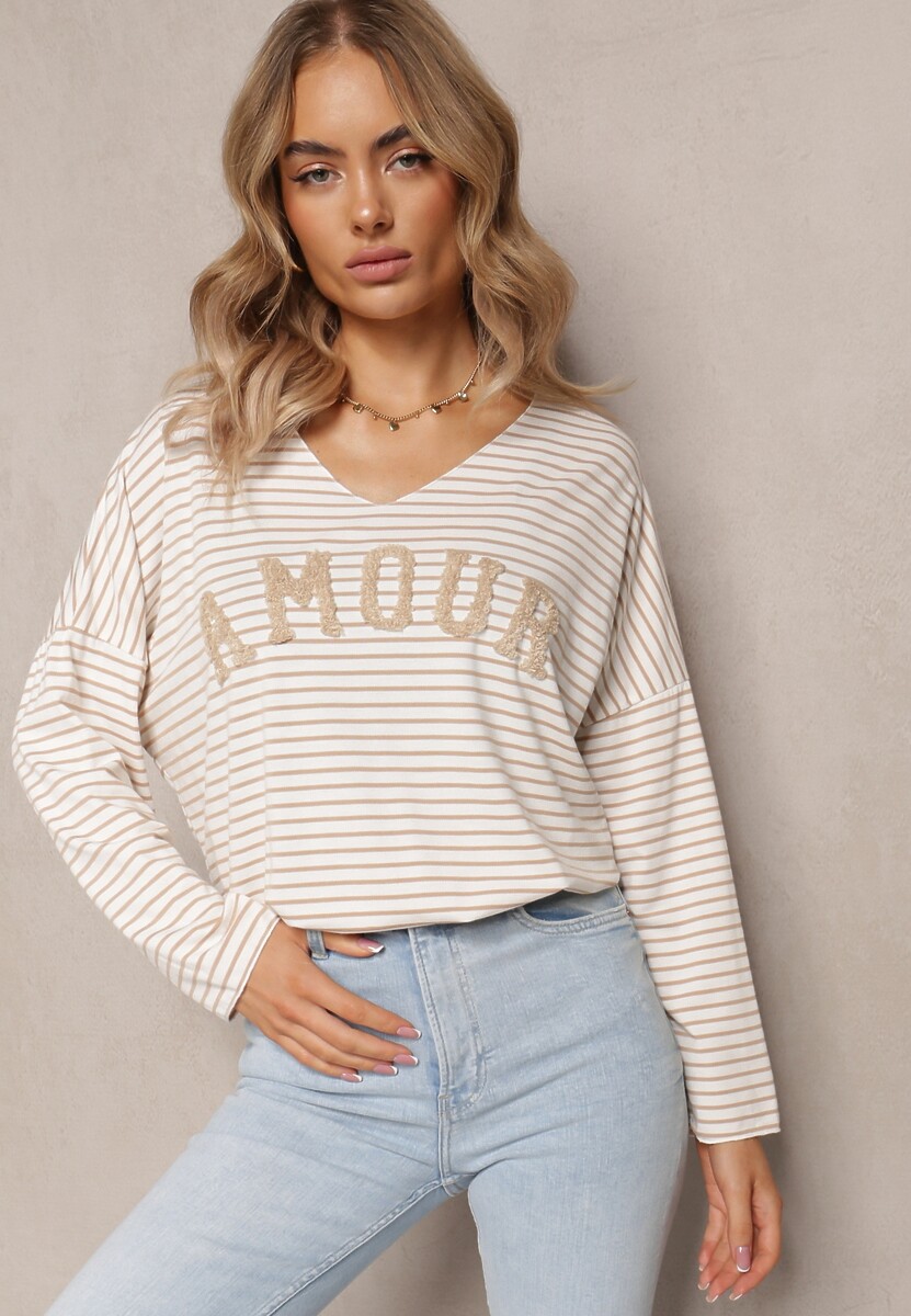 Beżowa Oversizowa Bluzka w Paski z Haftowanym Napisem i Dekoltem V Rowania