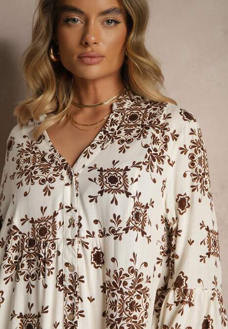 Brązowa Sukienka z Wiskozy Ozdobiona Geometrycznym Motywem Filionea