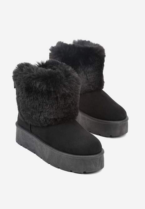 Czarne Śniegowce z Cholewką za Kostkę Ocieplane z Futerkiem i Małą Kokardą Reinedia