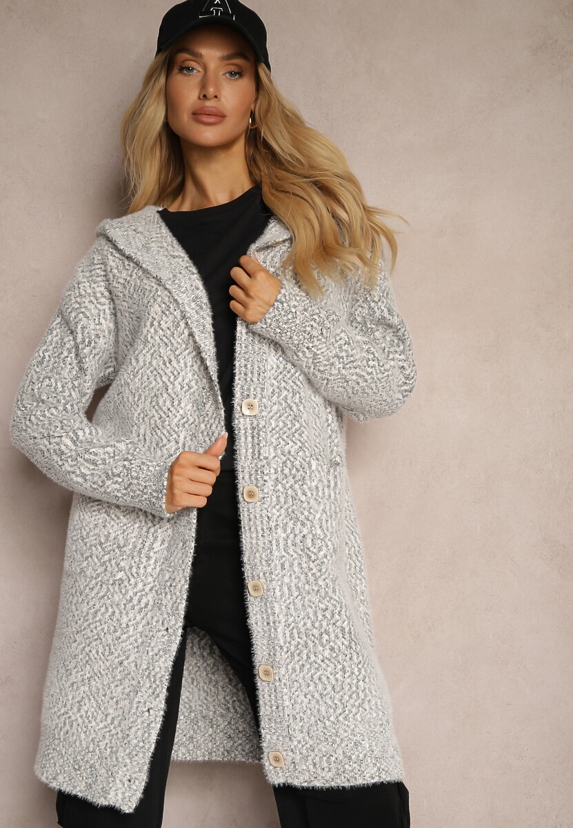 Szary Rozpinany Kardigan z Dodatkiem Wiskozy i Kapturem Ozdobiony Kieszeniami Olianne