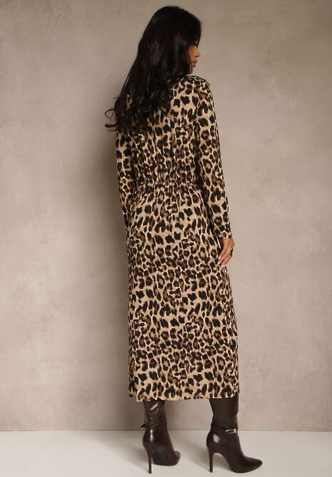 Ciemnobeżowa Sukienka w Panterowy Wzór Ozdobiona Rozcięciem i Marszczeniem w Pasie Saliaris