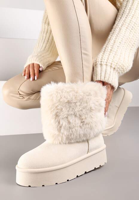 Beżowe Śniegowce na Grubej Podeszwie Ozdobione Futerkiem Naolani