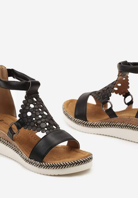 Czarne Sandały na Koturnie z Ekoskóry Zapinane na Suwak Obissa