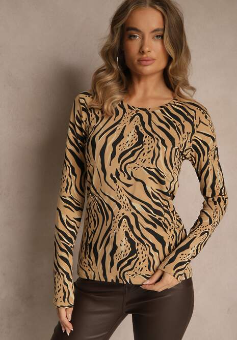 Beżowo-Czarna Bluzka Longsleeve z Bawełny z Zebrę Unirea