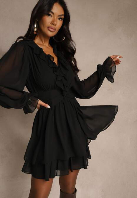 Czarna Siateczkowa Sukienka o Rozkloszowanym Fasonie z Falbankami Zenniria