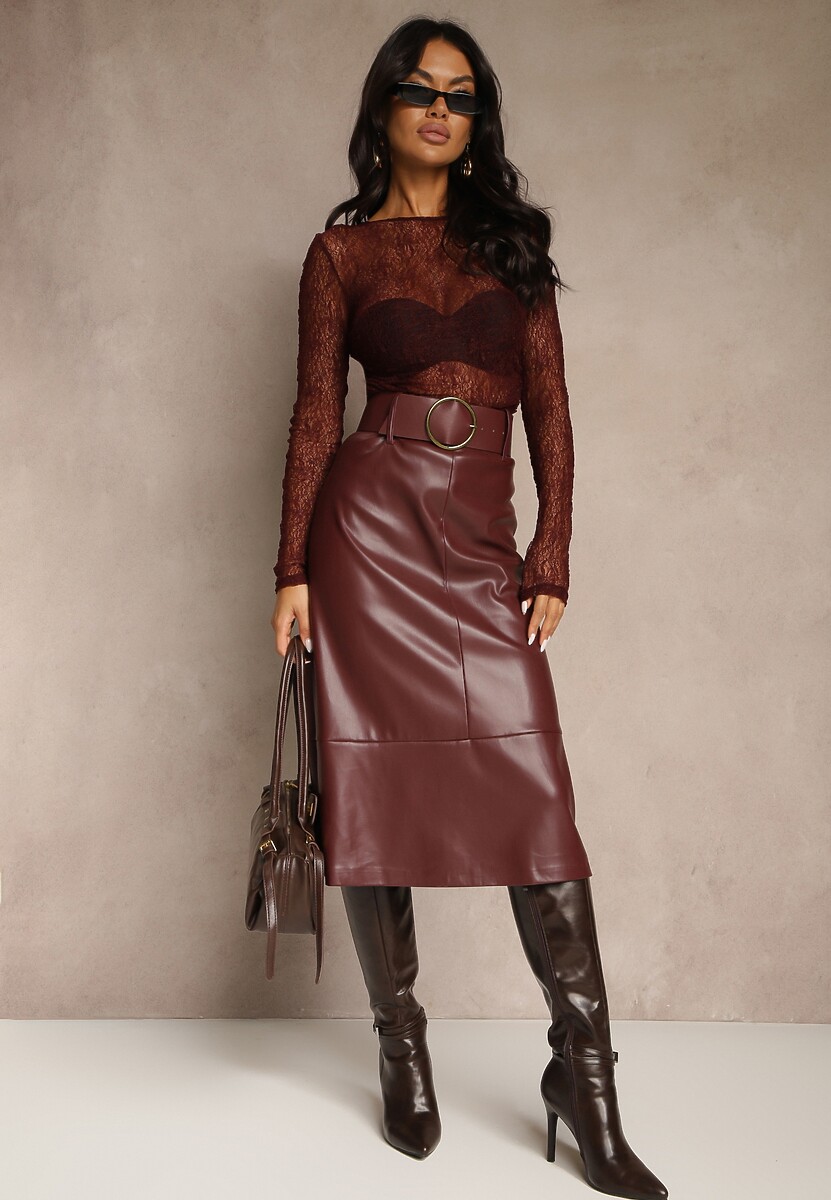 Bordowa Spódnica o Trapezowym Kroju z Imitacji Skóry z Szerokim Paskiem Saliavesa
