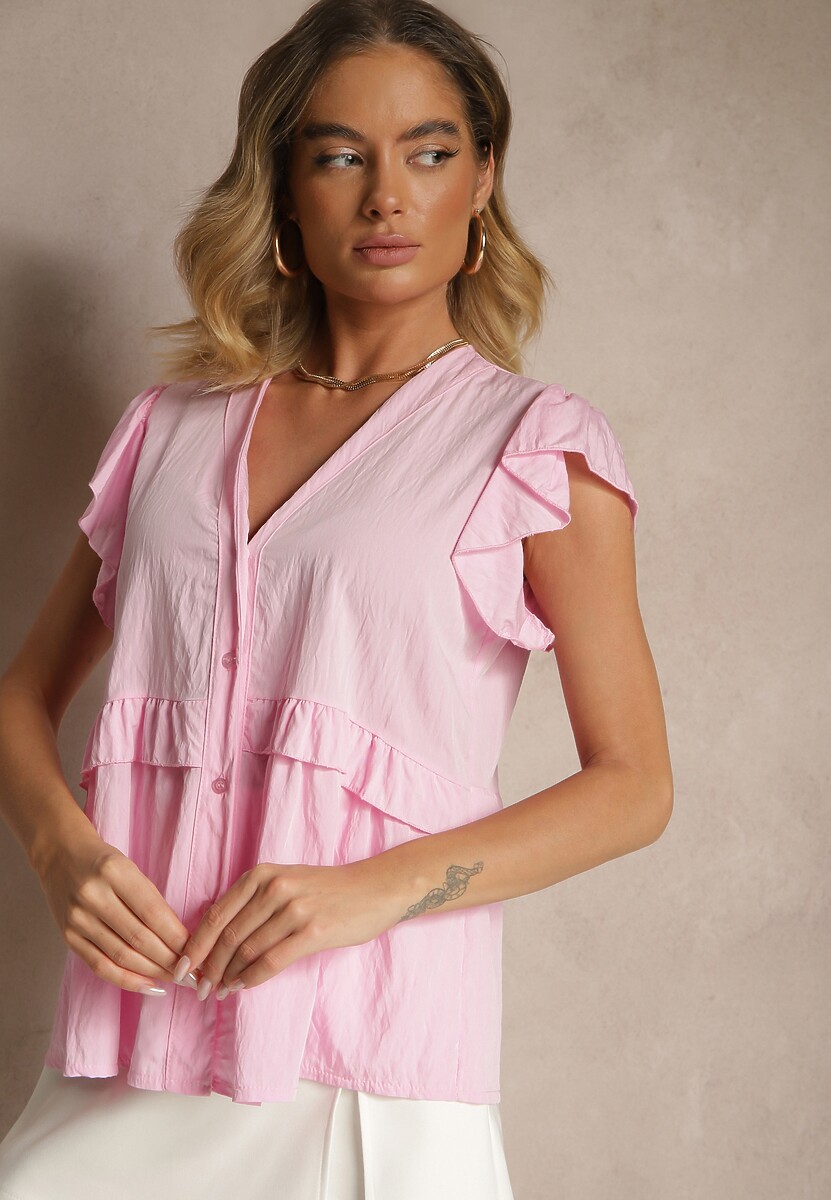 Jasnobeżowa Koszula z Wiskozą Zdobiona Falbankami z Dekoltem w Serek Alisetta