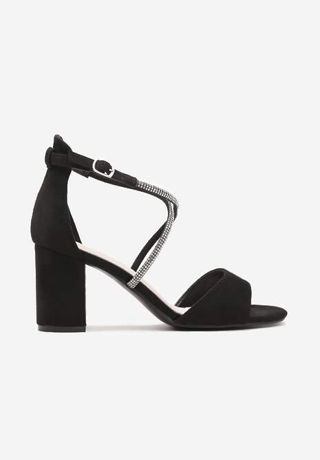 Czarne Sandały na Słupku z Cyrkoniami i Skórzaną Wkładką Dakilare