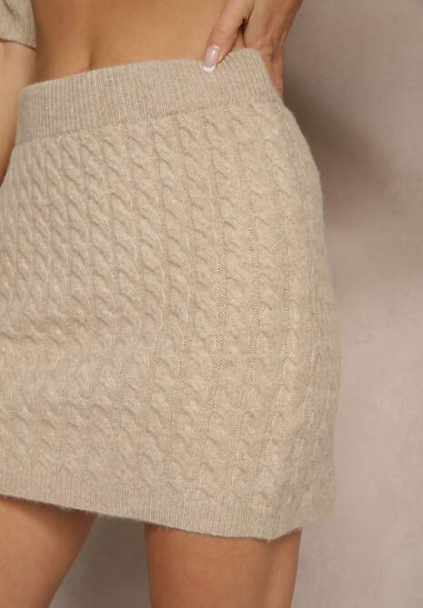 Beżowa Spódnica Sweterkowa z Wełną High Waist Selzeki