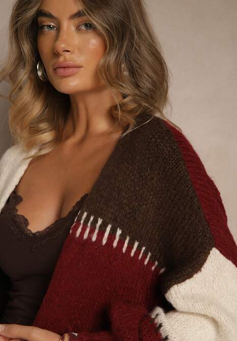 Bordowy Kardigan z Domieszką Wełny i Wiskozy w Patchworkowym Stylu Fesolinne