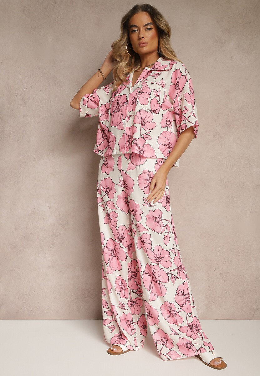 Różowy Komplet w Kwiaty Koszula z Krótkim Rękawem i Szerokie Spodnie Revanae