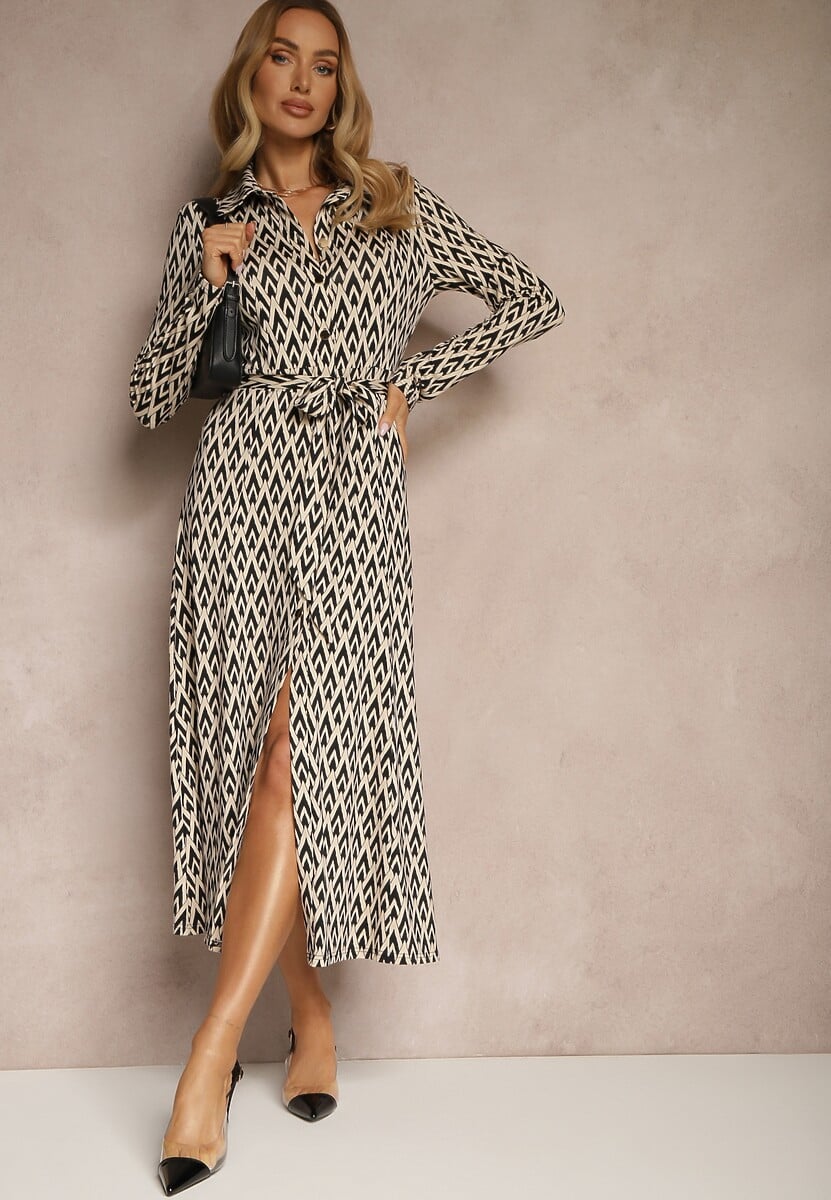 Czarna Koszulowa Sukienka z Wiskozą Geometrycznym Wzorem i Paskiem Milseki