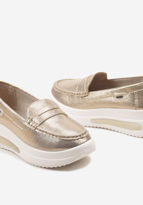 Złote Mokasyny z Ekozamszu na Platformie Ozdobione Paseczkiem Adrancia