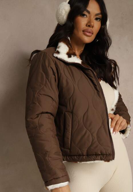 Brązowa Pikowana Kurtka Dwustronna Ozdobiona Łaciatym Futerkiem Mevelliana