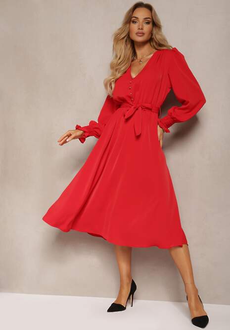 Czerwona Sukienka z Bufiastym Rękawem i Wiązanym Paskiem Corrine