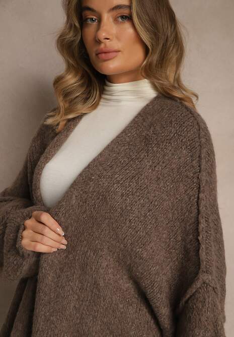 Jasnobrązowy Niezapinany Kardigan Nietoperzowy z Dodatkiem Wełny i Wiskozy Rallidia