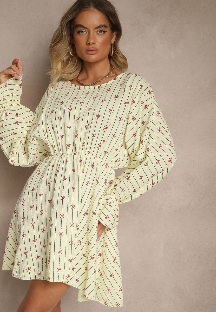 Fuksjowa Sukienka z Bawełny ze Wzorem Kokardek i Pasków Avelriti