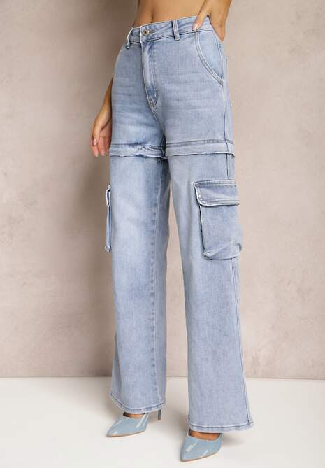 Niebieskie 2w1 Jeansy Szorty z Szerokimi Kieszeniami w Stylu Cargo Alace