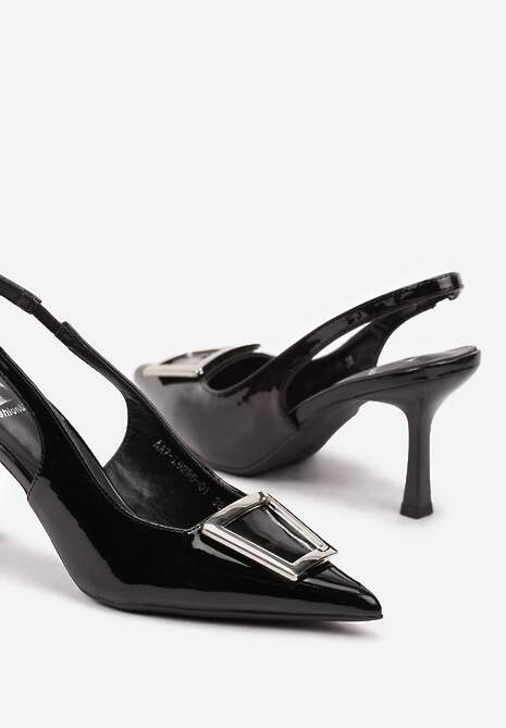 Czarne Szpilki z Odkrytą Piętą i Ozdobną Aplikacją Apila