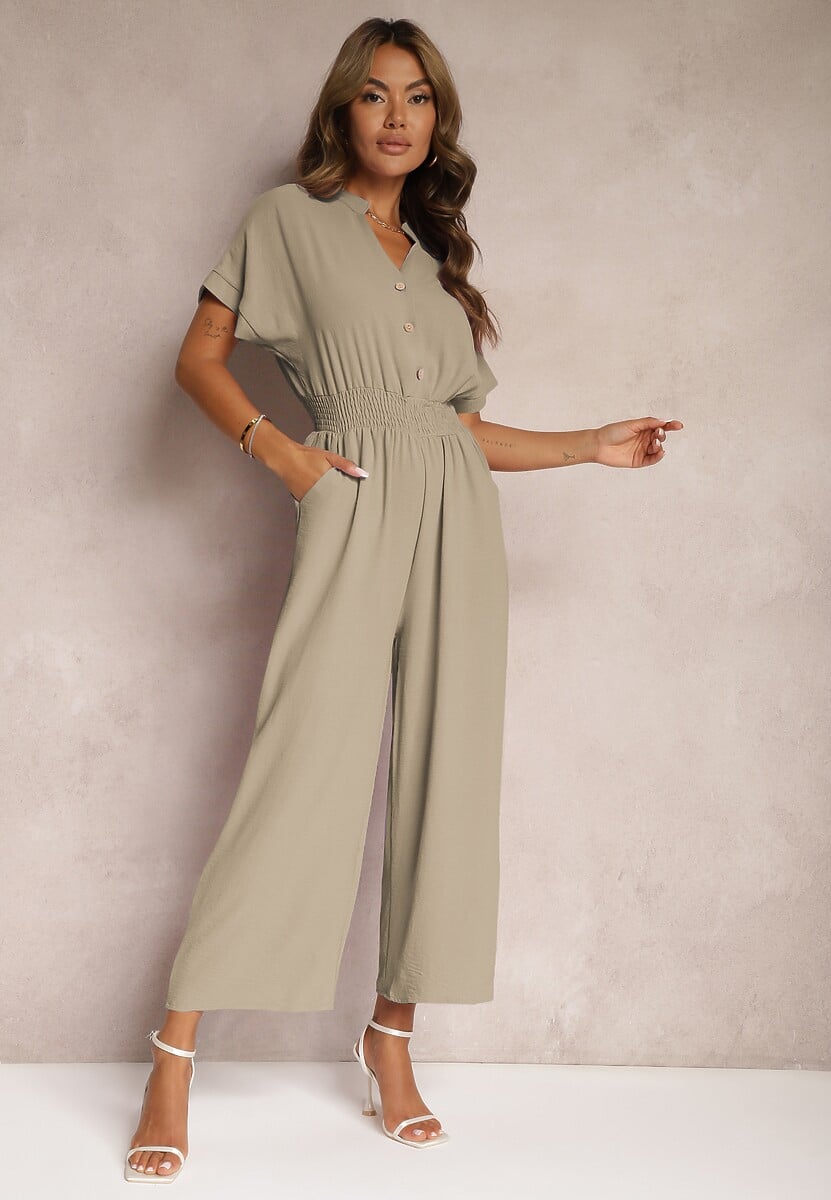 Ciemnozielony Taliowany Kombinezon z Wiskozy Zapinany na Guziki Frisea