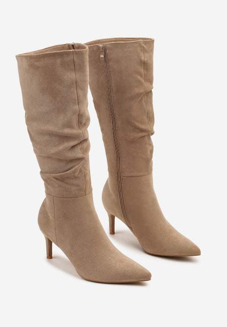 Ciemnobeżowe Marszczone Kozaki z Imitacji Zamszu na Obcasie Typu Szpilka Rilavira