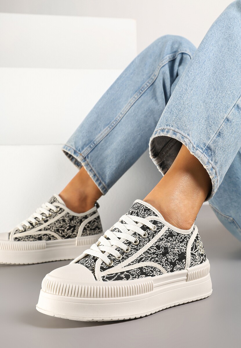 Czarno-Beżowe Trampki na Platformie z Abstrakcyjnym Wzorem Wulinea