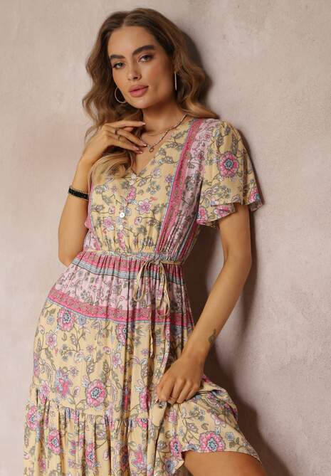 Żółta Kwiecista Sukienka Midi z Gumką w Pasie i Falbanką przy Rękawach Hachitane