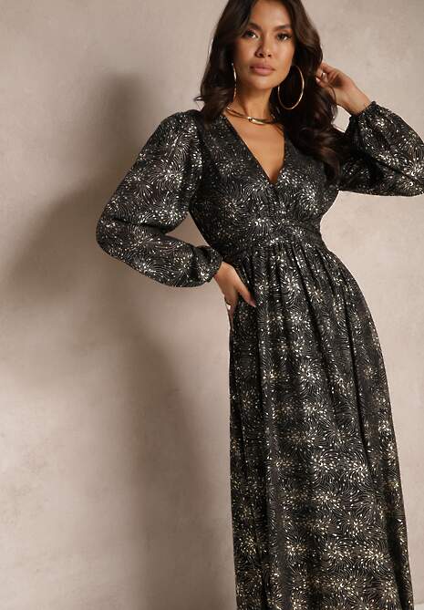 Czarna Rozkloszowana Sukienka z Ozdobnym Metalicznym Wzorem i Gumką w Talii Bonina