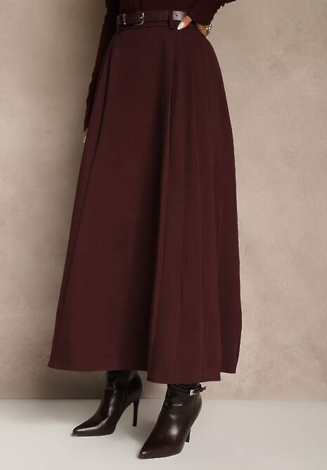 Bordowa Rozkloszowana Spódnica z Wiskozy z Dodatkowym Paskiem z Klamrą Lowedina