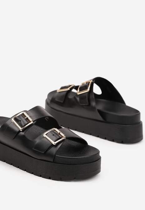 Czarne Klapki  na Platformie z Paskami ze Sprzączkami Kaliora