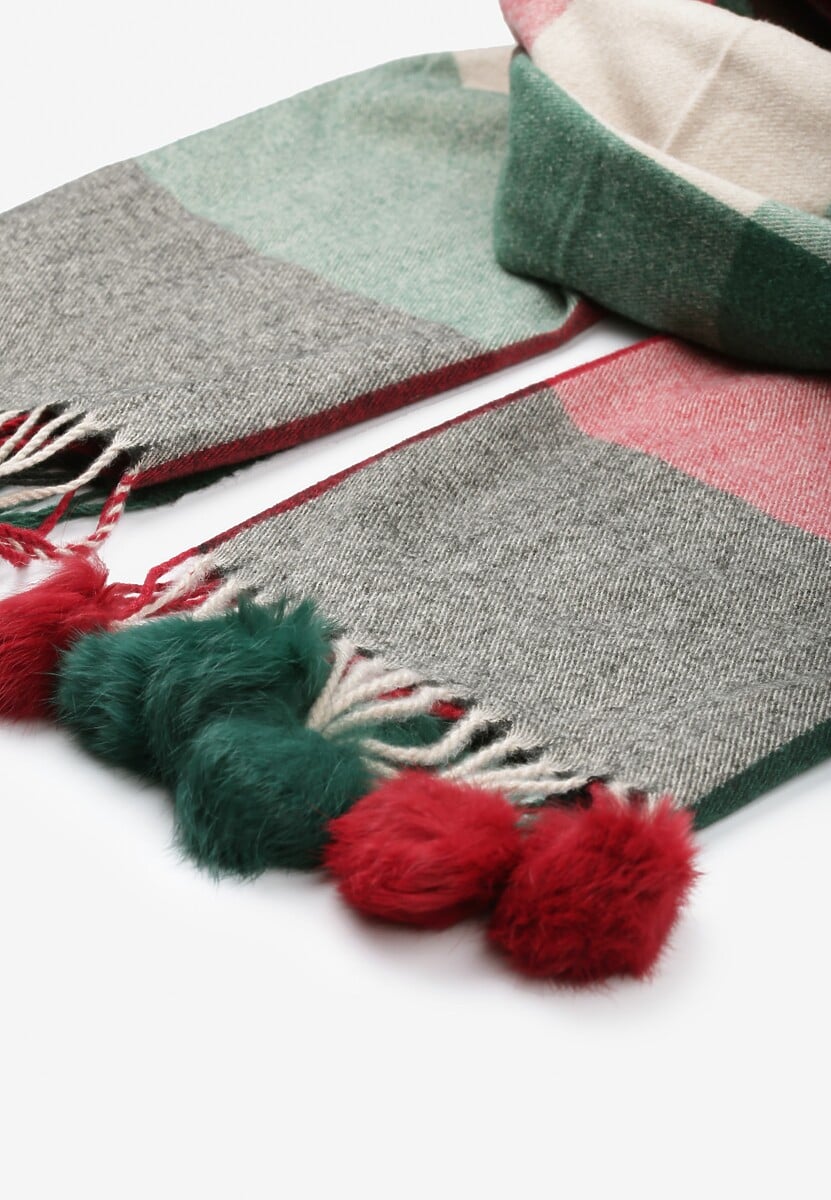 Ciemnozielony Szalik w Szeroką Kratę z Pomponami Voso