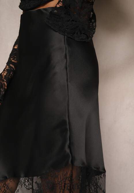 Czarna Koktajlowa Spódnica z Satyny z Koronką Avelori