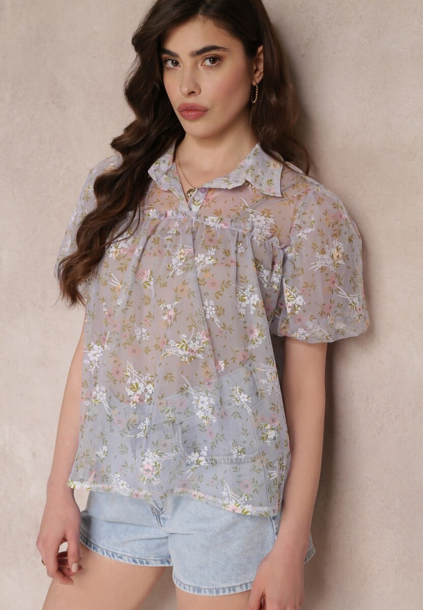 Fioletowa Siateczkowa Bluzka w Kwiaty z Kołnierzem Kiasia