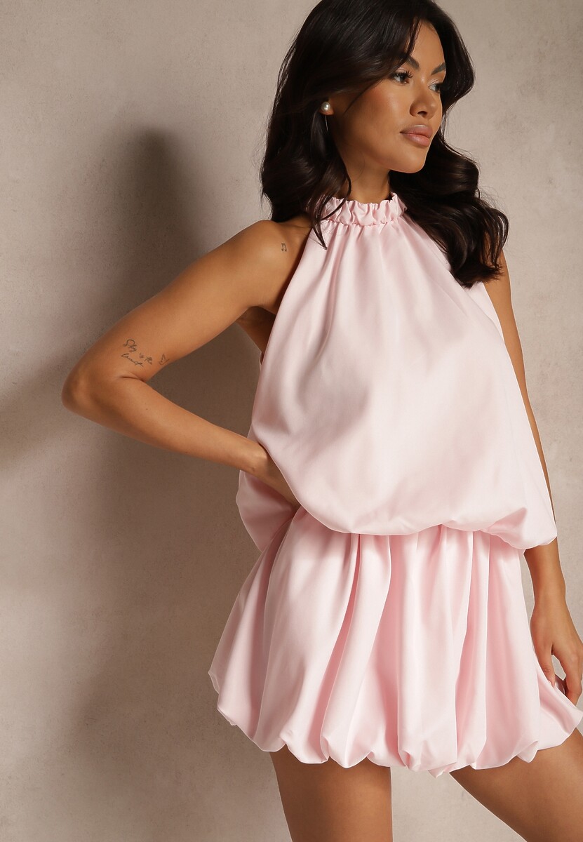 Różowy Bufiasty Komplet z Wiskozy Top i Rozkloszowana Spódnica Calivena