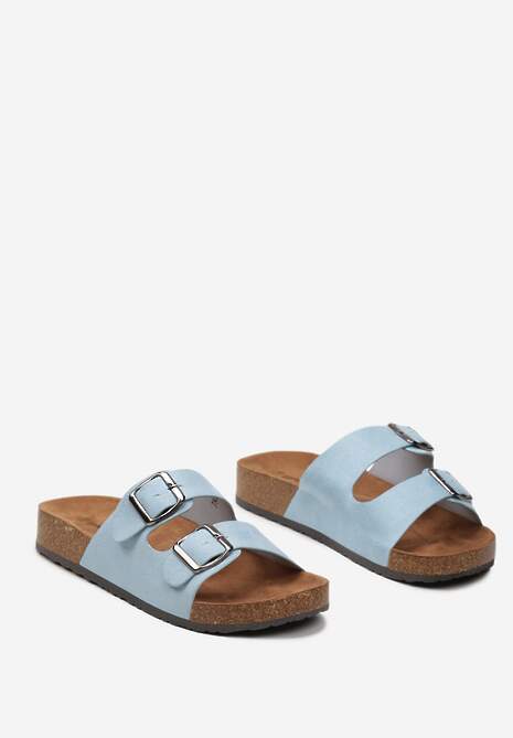 Niebieskie Płaskie Klapki na Podeszwie z Korka z Ozdobnymi Klamrami Cradiasa