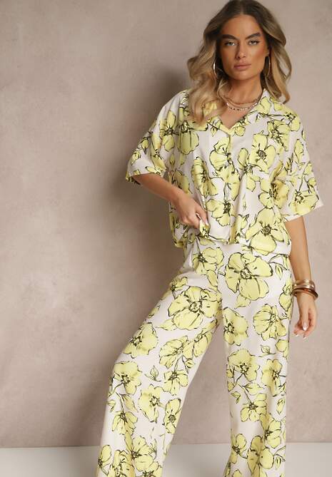 Żółty Komplet w Kwiaty Koszula z Krótkim Rękawem i Szerokie Spodnie Revanae