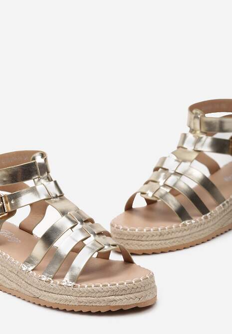 Złote Sandały Gladiatorki na Koturnie Ozdobionym Plecionką z Juty Tanu