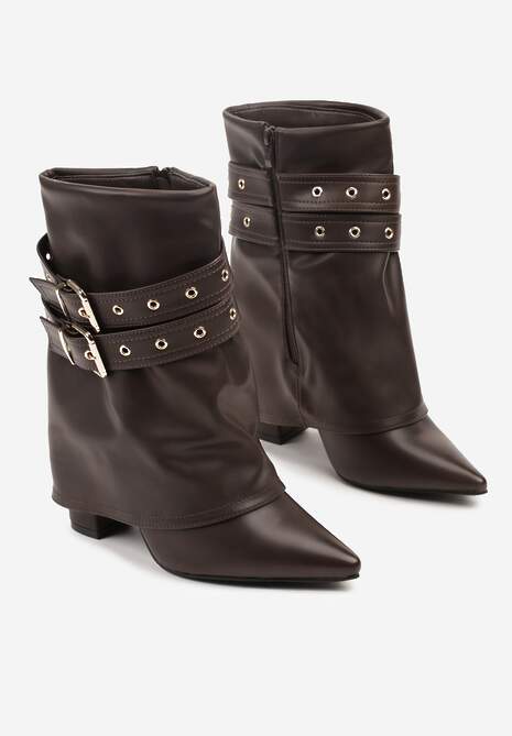 Brązowe Botki Kowbojki na Słupku Ozdobione Klamrami i Wywiniętą Cholewką Codvire