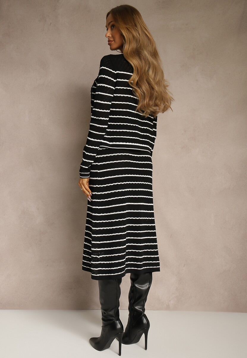 Czarny Komplet z Dzianiny z Wiskozą w Prążki Kardigan i Spódnica Sepelisse