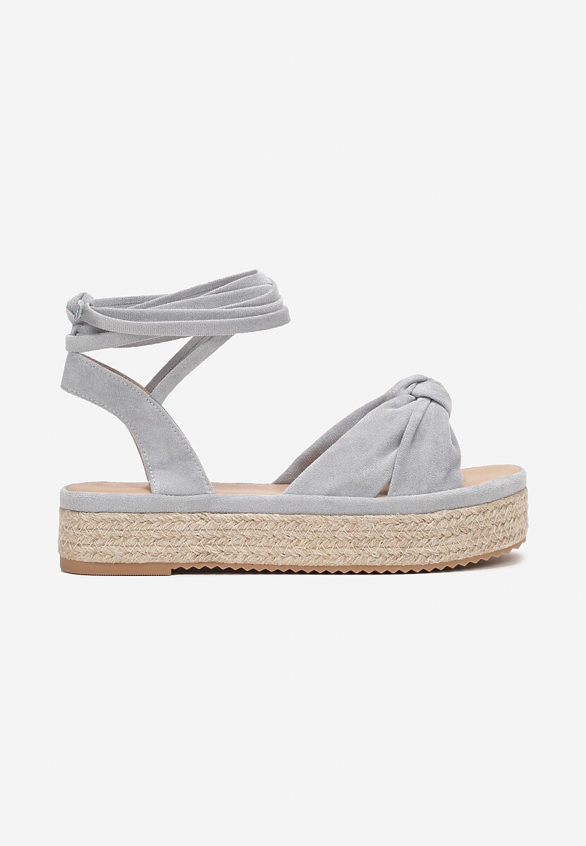 Niebieskie Wiązane Sandały z Supełkiem na Jutowej Platformie Dapina