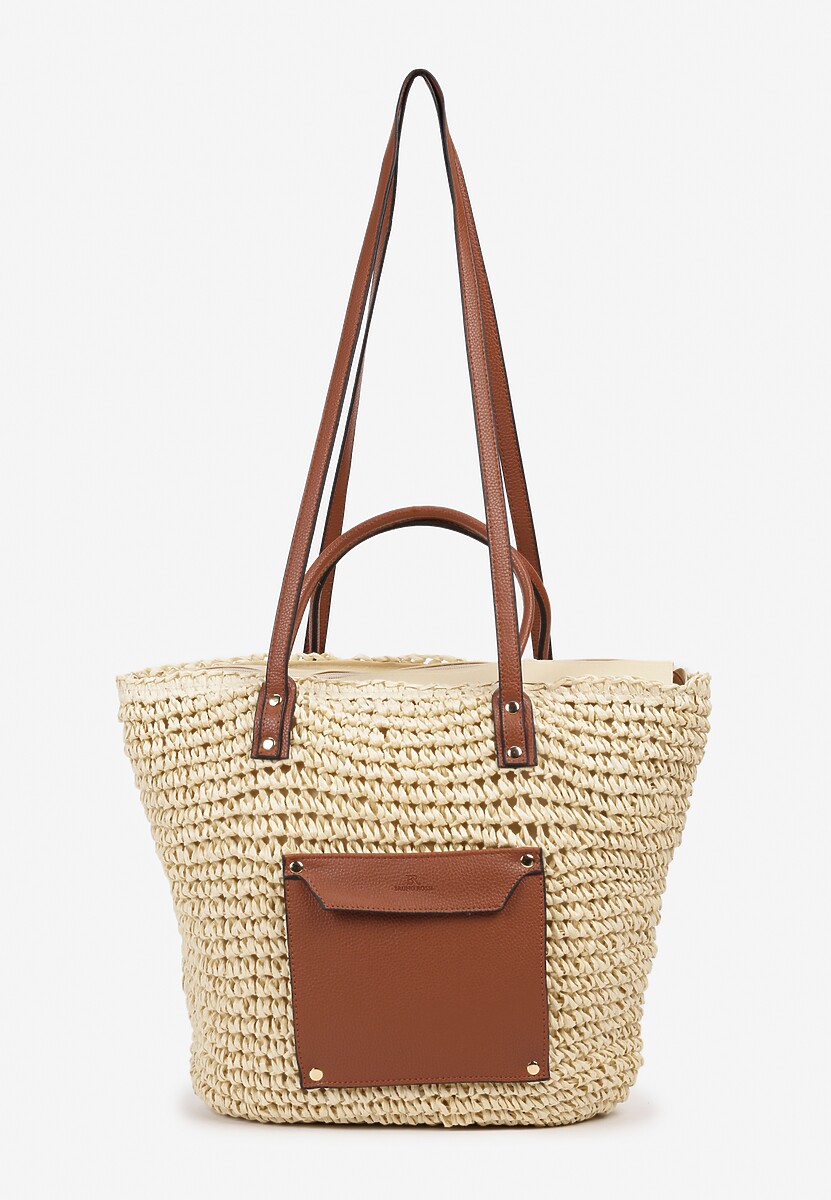 Jasnobeżowa Torebka z Plecionki z Dodatkową Kieszonką z Ekoskóry Cosina