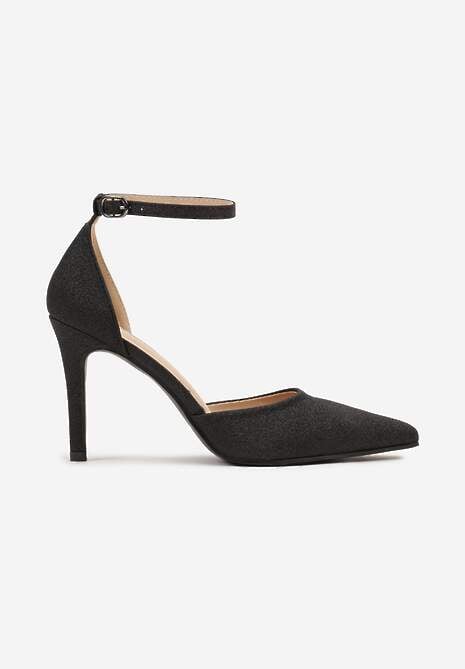 Czarne Brokatowe Szpilki Czółenka z Zapięciem przy Kostce Bregelia