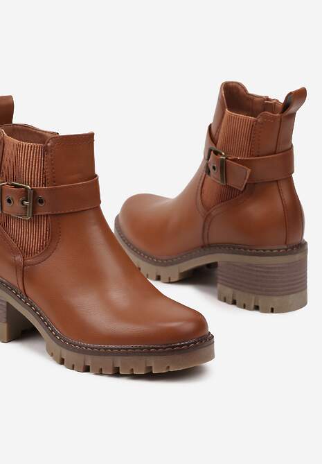Brązowe Botki Sztyblety na Słupkowym Obcasie z Paskiem z Klamerką przy Cholewce Reanirael