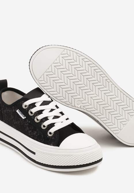 Czarne Trampki z Koronkową Wstawką z Błyszczącymi Drobinkami Daliven