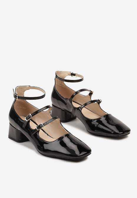 Czarne Eleganckie Czółenka na Niewysokim Słupku Ozdobione Paskami ze Sprzączką Lavantia