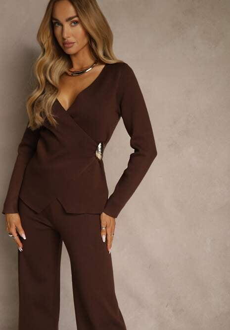 Brązowy Dzianinowy Komplet Szerokie Spodnie z Wiskozą i Kopertowy Sweter Enssa
